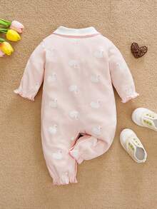 WhaleJoan 1pc Baby Girl Swan Print Long Sleeve Jumpsuit With Embroidered Bow Collar - Pink - View 3