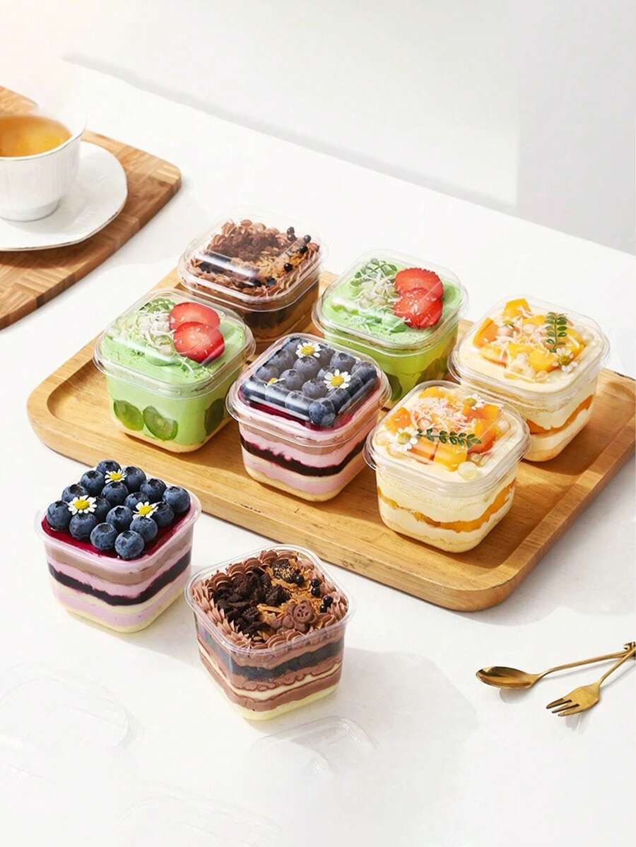 10/20/50pcs Square Mousse Cake Box, Tiramisu Dessert Packaging, Cake Shop Display Trifle Cup 300ml - Clear - View 1