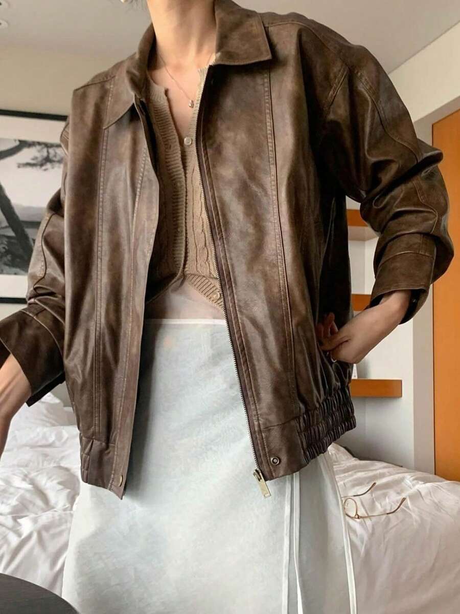 Veste de moto ample en PU pour femmes avec col et détails de fermeture éclair, pour un style casual - Tabac - Voir 1
