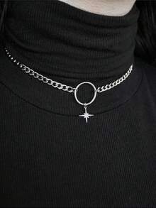 不锈钢 O 型环星形项链，精致的天体另类珠宝，哥特朋克项链，万圣节美学项圈 - 銀色 - 查看 3