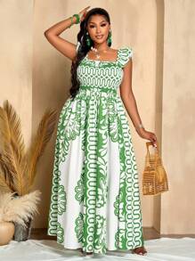 夏季大码女装日常休闲度假出游优雅性感约会无袖黑木耳边荷叶袖裹身热带印花长裙