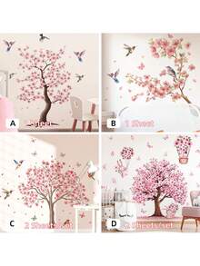 粉色花朵丛林蝴蝶鸟类可移除儿童房墙贴，适合女孩 - 自粘式儿童房装饰贴花，可重新定位粉色蝴蝶鸟花卉乙烯基墙贴，易于粘贴 - 彩色 - 查看 2