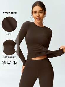 女式柔软羊毛长袖衬衫，弹力保暖打底上衣，适合健身和跑步，秋冬穿着 - 咖啡棕 - 查看 1