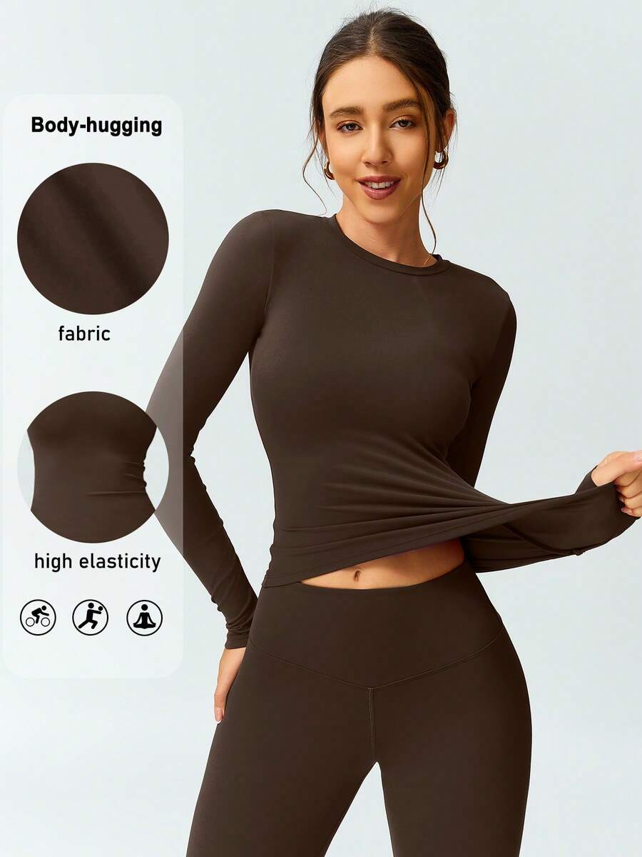 女式柔软羊毛长袖衬衫，弹力保暖打底上衣，适合健身和跑步，秋冬穿着 - 咖啡棕 - 查看 1