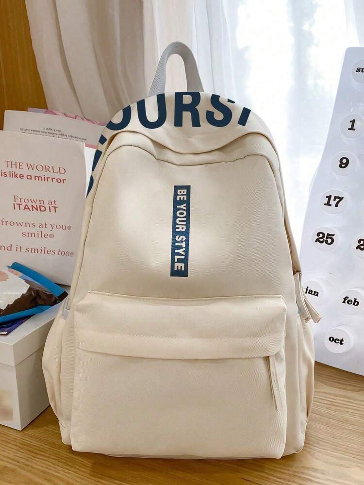 Large Capacity Solid Color Classic Backpack, Bags For University, University Essentials - Beige - View 2