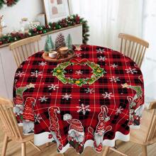 Weihnachtsthema Polyester Tischdecke, runder Durchmesser 145cm, rechteckig 140x180cm, Weihnachtstischdecke mit Weihnachtsmann Zwerg Muster, fröhliche Weihnachten Schriftzug Holzmaserung Hintergrund Design, geeignet für Feiertags-Restaurant, Heimdekoration und Jahresendfeier - Schwarz und Weiß - Übersicht 5