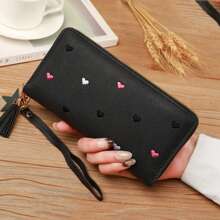 Women's Fringe Long Wallet Cute Coin Purse Zipper Credit Card Holder Fashionable And Simple Heart Embroidery Wallet Gift Gift Present Heart Purse(Heart Pattern Random) For Women Wallet Purse Wallet Wristlet Wallet - Blue - View 2