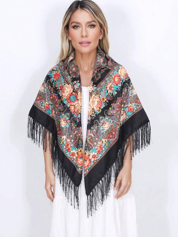 NAAMLOOS 1 pièce Foulard/Châle en polyester de style bohème à imprimé floral, grand châle carré chaud pour femmes, foulard musulman traditionnel vintage, châle couverture imprimé fleurs pour fête