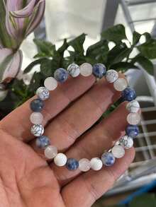 Lapis Lazuli And White Turquoise Handmade Beaded Bracelet For Men And Women For Sleep And Stress Relief, Elastic Homeopathic Insomnia Relief Jewelry Gift - 1 Pc - 藍色 - 查看 3
