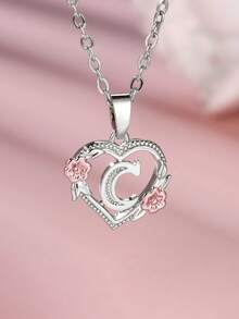 Tsnamer 1 件精美首字母项链心形雕刻 26 个字母 A-Z 和花朵项链适合女士女孩搭配日常生日珠宝礼物 - 銀色 - 查看 7