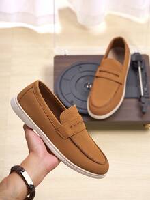 Men's Classic Suede Loafers, Casual Slip-On Driving Shoes, Round Toe Flat Moccasins, Handmade Boat Shoes Old Money Chic Autumn - 卡其色 - 查看 5