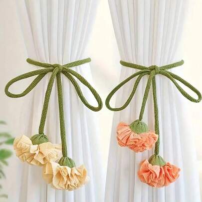 2 件花卉窗帘绑带，配优雅装饰窗帘绳，绿色长绳花卉图案，家居和办公室窗帘杆配件，美观时尚的家居装饰
