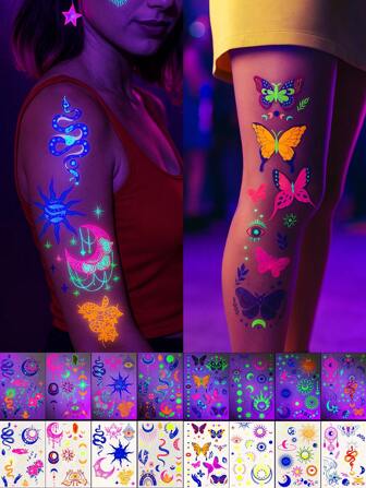 8 Sheets Y2K Glam Neon Glow Temporary Tattoos, Blacklight Body Art Stickers, UV Light Glow Tattoo Stickers, Perfect For Night Parties & Halloween, Assorted Designs For Music Festival And Party Body Make