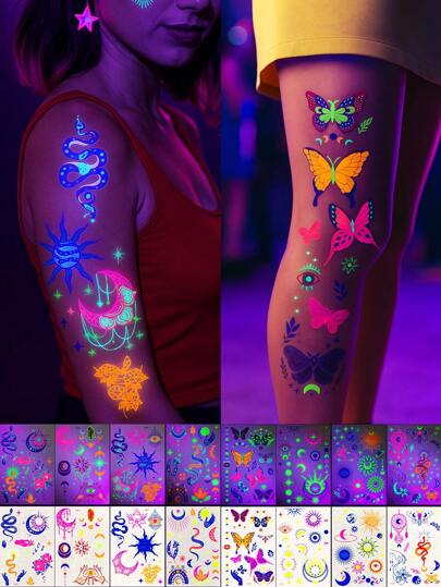 8 Sheets Neon Glow Temporary Tattoos, Blacklight Body Art Stickers, UV Light Glow Tattoo Stickers, Perfect For Night Parties & Halloween, Assorted Designs For Music Festival And Party Body Make