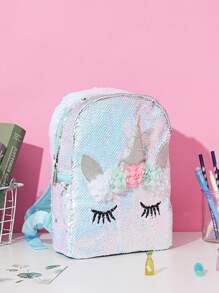 1 PC Shiny Sequined Unicorn Backpack - Cute Pastel-Colored Glitter School Bag With Flower Decorations, Adjustable Shoulder Straps, Lightweight PU Material, Suitable For School Use