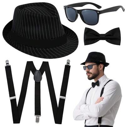 Bộ phụ kiện thập niên 20 gồm 4 món dành cho nam giới, bộ trang phục gangster thập niên 1920 với mũ sọc đen, kính, dây đeo quần và nơ bướm, thích hợp cho người lớn tham dự lễ hội Halloween hoặc tiệc hóa trang.