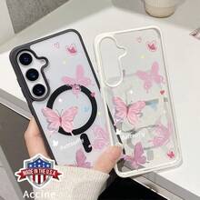 Phone Compatible With Samsung Galaxy S25 Ultra S24 Plus S23 FE S22 Pink Butterfly Reverie Phone Case Pattern Anti-Scratch Shockproof Pocket-Friendly Durable Magnetic Case With Charging Cellphone Cover Gift - 黑色 - 查看 5