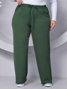 Wide Leg Plus Size Trousers - Army Green - View 6