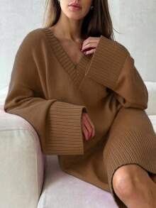 Women's Casual V-Neck Dropped Shoulder Long Sleeve Knitted Dress, Plus Size, Autumn/Winter - Caramel - View 5