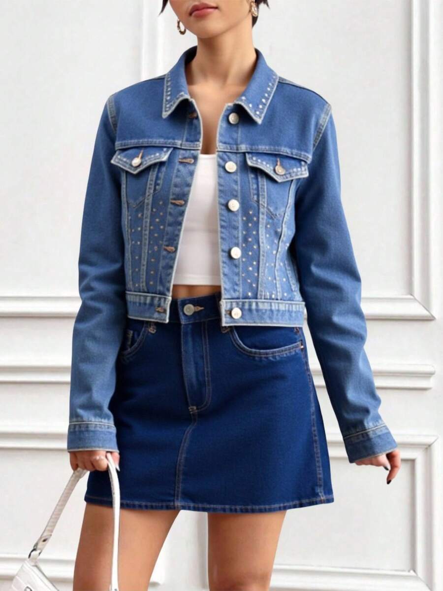 LINA Chaqueta chamarra denim Cazadoras Mezclilla Abrigos Vaqueros Azul Manga Larga Botones aplicaciones manga larga solapa bolsillos - Azul - Ver 1