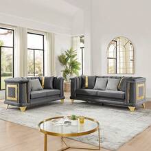 YOGLAD Luxurious Chesterfield Velvet Sofa With Gold Stainless Steel Trims, Modern 3-Seater Sofa And 2-Seater Sofa With Curved Backrest Rolled Arm  And Embroidered Texture 2 Fur & 2 Gold Strip Pillow For Living Room, Bedroom, Apartment, Office - Xám - Xem 1