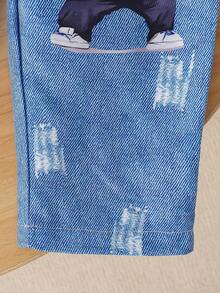 طقم ملابس علوية كم قصير وبنطلون مطبوع بطبعة الدب للأطفال الصبيان، مريح وعصري للصيف، خفيف الوزن - الأسود - مشاهدة 9