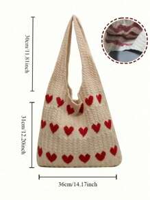 1pc情人节大容量红心针织手提包-女士休闲单肩沙滩包，新款针织心形手提包-甜美风格单肩包，情人节礼物，休闲手提包|可爱设计，夏季，沙滩，购物，多功能通勤包大容量 - 彩色 - 查看 5