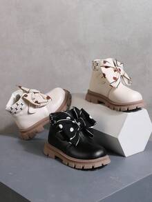 女孩蝴蝶结装饰仿皮休闲踝靴柔软内衬儿童时尚靴子