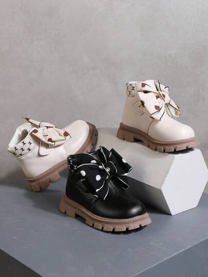 女孩蝴蝶结装饰仿皮休闲踝靴柔软内衬儿童时尚靴子