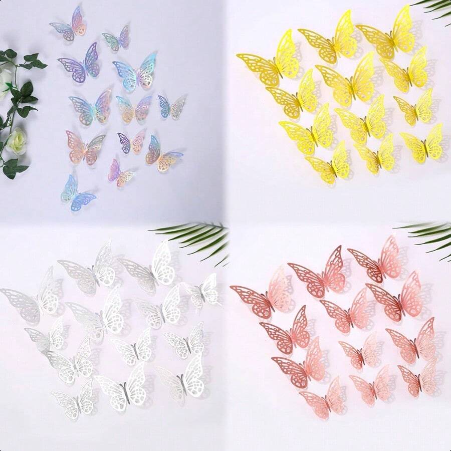 3D Butterfly Wall Decor 48 Pcs 4 Styles 4 Colors 3 Sizes Gold Silver Laser  Butterfly Decorations Removable Sticker-0166 - 金色+鐳射+玫瑰金+銀色 - 查看 1