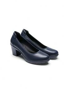 Women's Chunky Round Toe Low Block Heels Work Pumps Elegant Comfortable Solid Color Slip On Wedding Office Gift Festival Shoes - 藏蓝色 - 查看 9