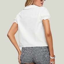 Women's Summer Button Down Blouses Casual Stylish Solid Doll Collar Bubble Short Sleeve Tops - trắng - Xem 2