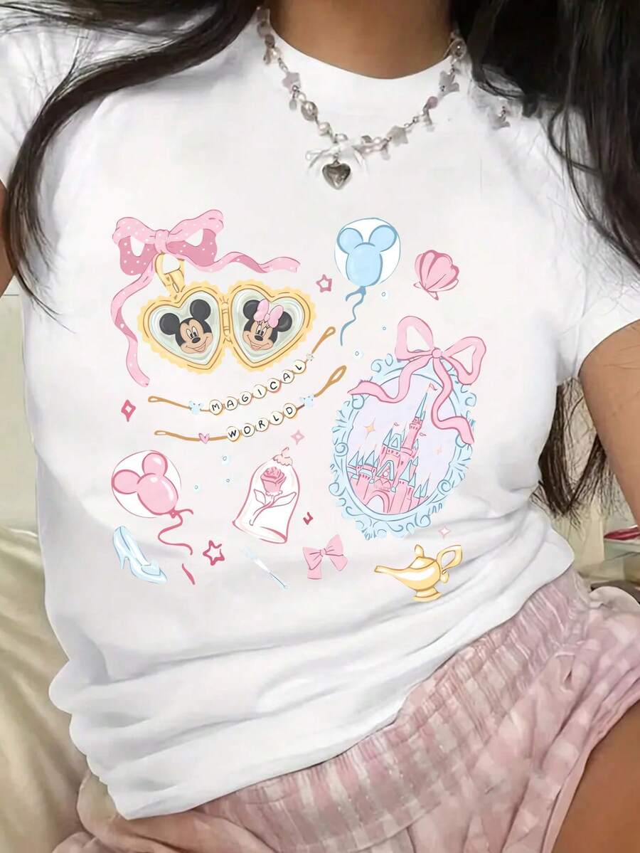 Magic Mouse Couple Flirty Theme Park Girls Graphic Print Women's T-Shirt Short Sleeve Round Neck Casual Tops For Summer And Spring Women
