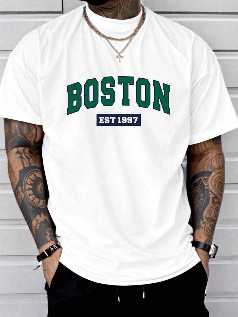 Camiseta casual de manga corta con cuello redondo y estampado de letras, ajuste slim para hombre, verano - Blanco - Ver 1