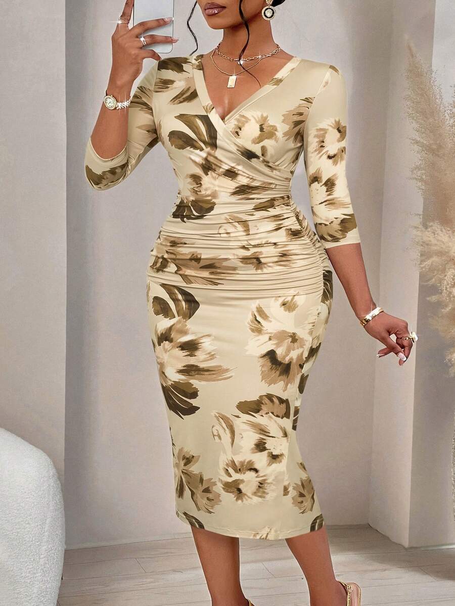 BIUBIU Plus Size Women's Fashion Wavy Print Wrap V-Neck Ruched Bodycon Midi Dress (Random Print) Elegant Summer - Apricot Brown Flowers - View 1