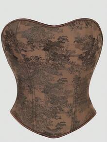 复古性感棕色印花女式紧身胸衣 - 棕色 - 查看 1