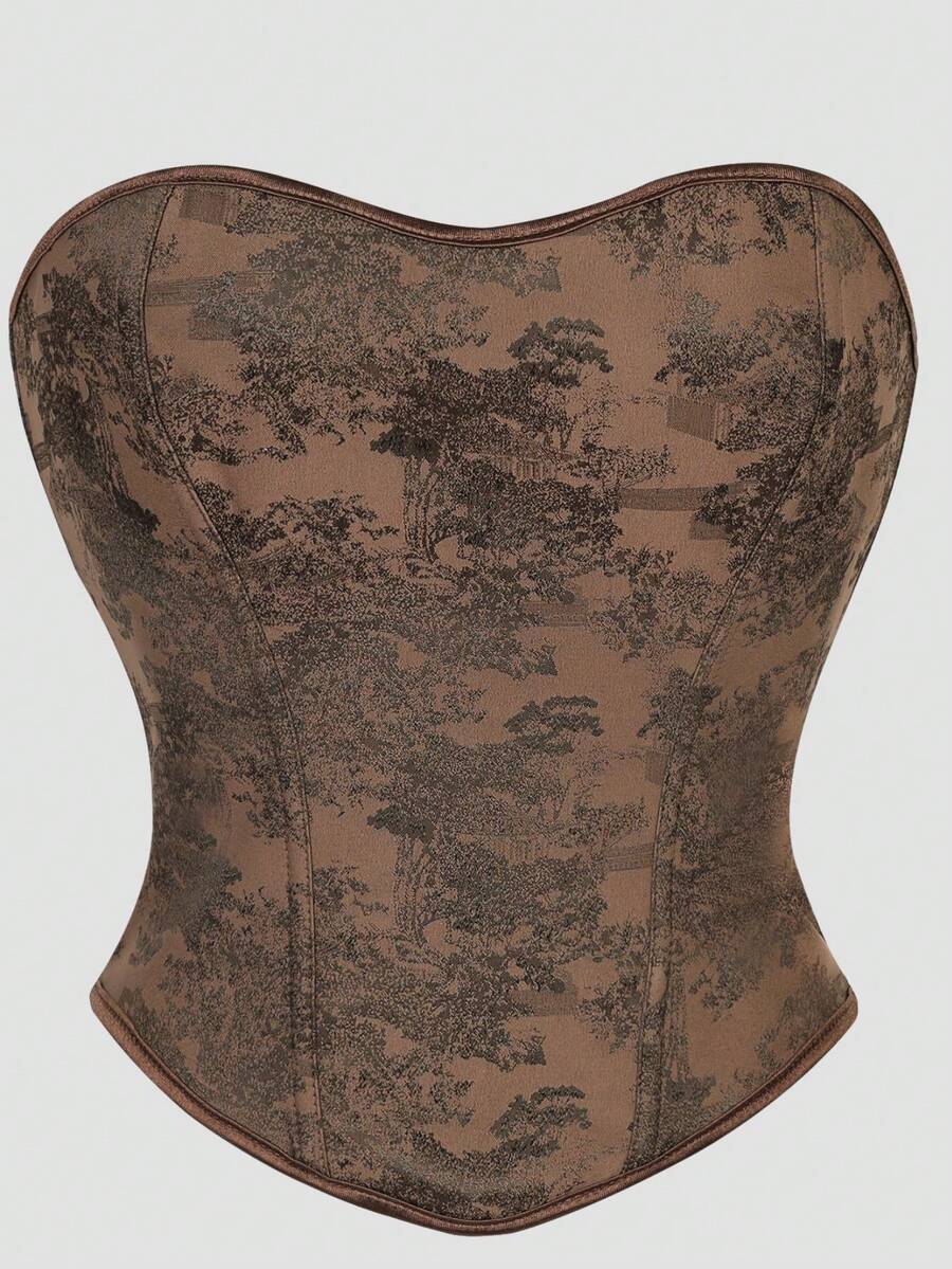 复古性感棕色印花女式紧身胸衣 - 棕色 - 查看 1