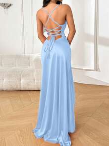 WOWDARK Summer Dress, Blue Romantic Valentine's Day Outfit, Fashionable Square Neck Ruffle Tie-Back Flounce Hem Party Dress, Elegant For Valentine's Day, Dates, Gatherings, Parties, Travel, Vacation, Beach - Baby Blue - View 9