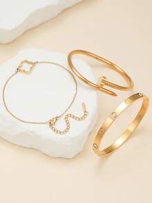 Fashionable European And American Four-Leaf Clover Shaped Zirconia Inlaid Women's Bracelet Set, Suitable For Multiple Occasions, Can Be Stacked, Also Suitable As A Gift For Friends - Yellow Gold - View 2