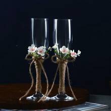 2pcs Champagne Flute Set, Wedding Toasting Glasses, Linen Rope & Flower Couple Wine Glasses, Suitable For Wedding, Engagement, Bachelor/Bachelorette Party And Other Gatherings