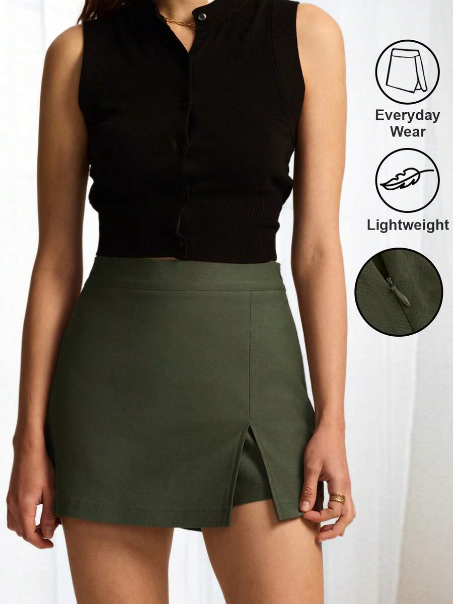 Women's Slim Fit Mini Skort With Side Zipper Casual Asymmetrical Split Hemline Skirts For Daily - xanh quân đội - Xem 1