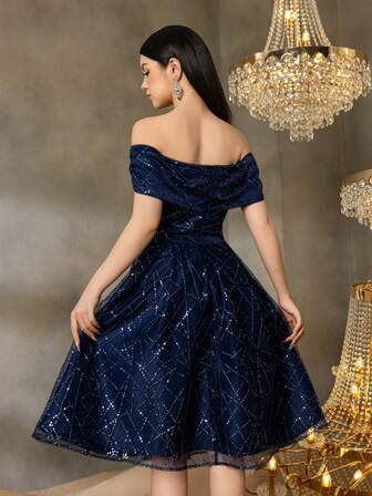 Alisa&Leo Teen Girls' Sparkle Off-Shoulder Midi Party Dress - Dress For Summer Galas, Graduation Proms & School Formal Events