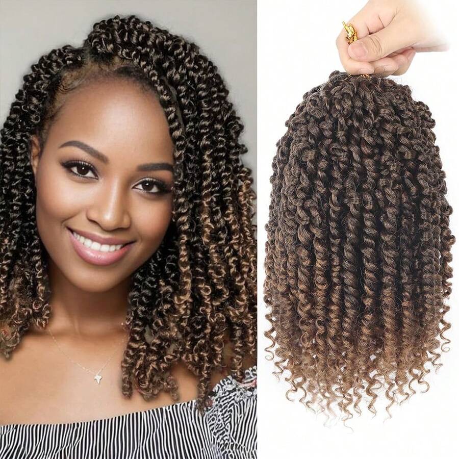 3 Packungen Passion Twist Häkelhaare für Frauen, vorgeschlungenes Häkelhaarteil mit lockigen Enden 8/12 Zoll - Ombre-Braun - Übersicht 1