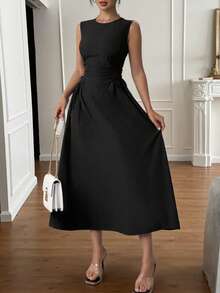 2025 Frühling/Sommer Neuer Europäischer & Amerikanischer Stil Einfarbiges Kleid mit Schnürung in Taille, elegantes Knielanges Kleid, Damen Ärmellos Hoch Tailliert A-Linie Kleid, Rundhalsausschnitt, feminin, geeignet für Alltag und Büro - Schwarz - Übersicht 2