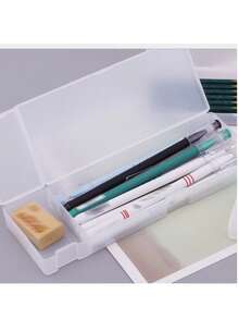 1 个白色塑料铅笔盒，简约办公桌文具收纳盒，带铰链盖和按扣的塑料铅笔盒，适用于铅笔、钢笔、钻头、办公用品，由耐用塑料材料制成，可容纳多支钢笔，便携实用，非常适合旅行、办公桌整理、抽屉、工作区和教室。