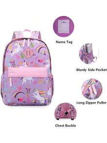 Polaris Preschool Backpack Kindergarten Little Kids Toddler Elementary School Backpacks For Boys And Girls With Chest Strap(Purple Unicorn) - 紫色獨角獸 - 查看 4