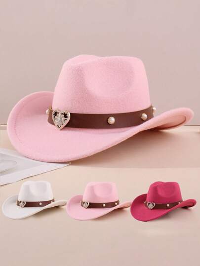 1Pc Girls' Felt Cowboy Hats With Heart - Rhinestone & Pearl Bands – Western Cute Style, Perfect For Back To School, Music Festivals & Playdates