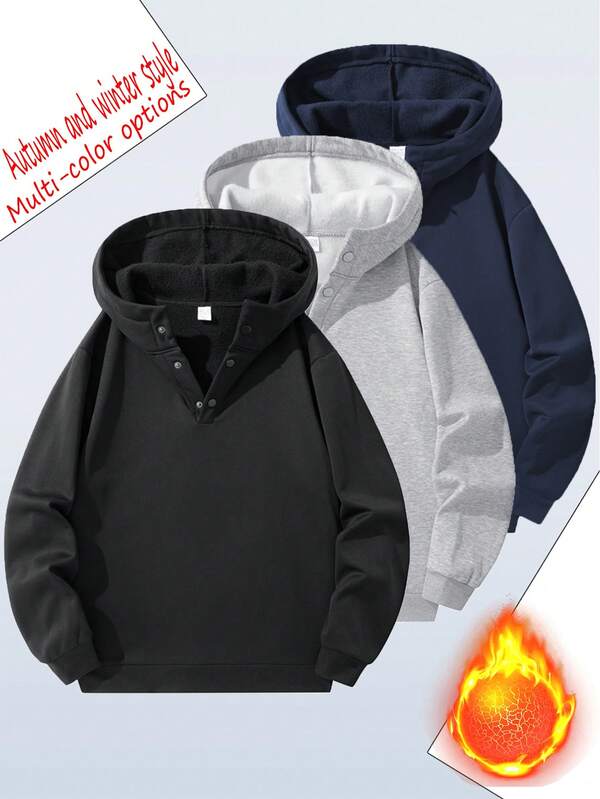 (Autumn/Winter) Men's Outdoor Fitness Running Workout Hoodie With Half-Open Placket Button, Fashion Outdoor Workout Running Hoodie, Boyfriend Style Essential For Autumn/Winter, Suitable For Basketball, Commuting, Streetwear, Daily Wear, Thermal Lined & Thickened Hoodie, Best Autumn/Winter Gift For Boyfriend
