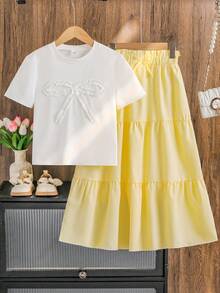 Left Mama Girls Elegant Bowknot Short Sleeve T-Shirt And Midi Skirt Set, Lightweight & Versatile For Daily Wear, Summer - Yellow - View 2