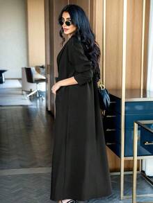 3pcs Set: 1pc Open Front Long Robe With Buttons, 1pc Sleeveless Vest, 1pc Cropped Pants, Elegant Modern Solid Color Suit, Suitable For Casual Daily/Work Wear, Autumn/Winter - Black - View 6